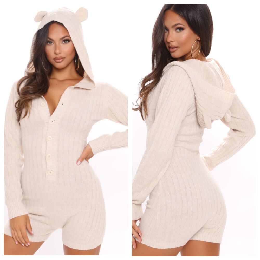 Fashion Nova Oatmeal Adorbs Hooded Romper with Ears Size Medium